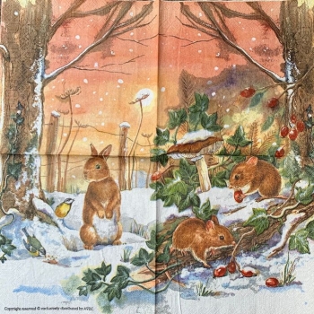 Serviette Winterwald, Hase und Mäuse im Schnee, Rarität